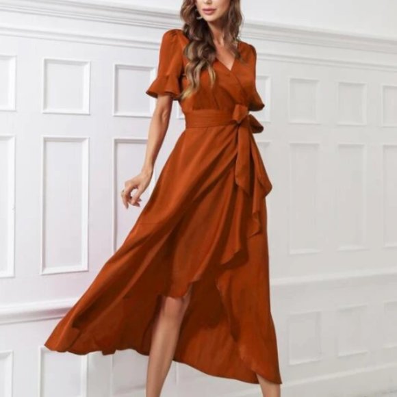 Terra Cotta Faux Wrap style Midi Dress - M - Picture 9 of 12